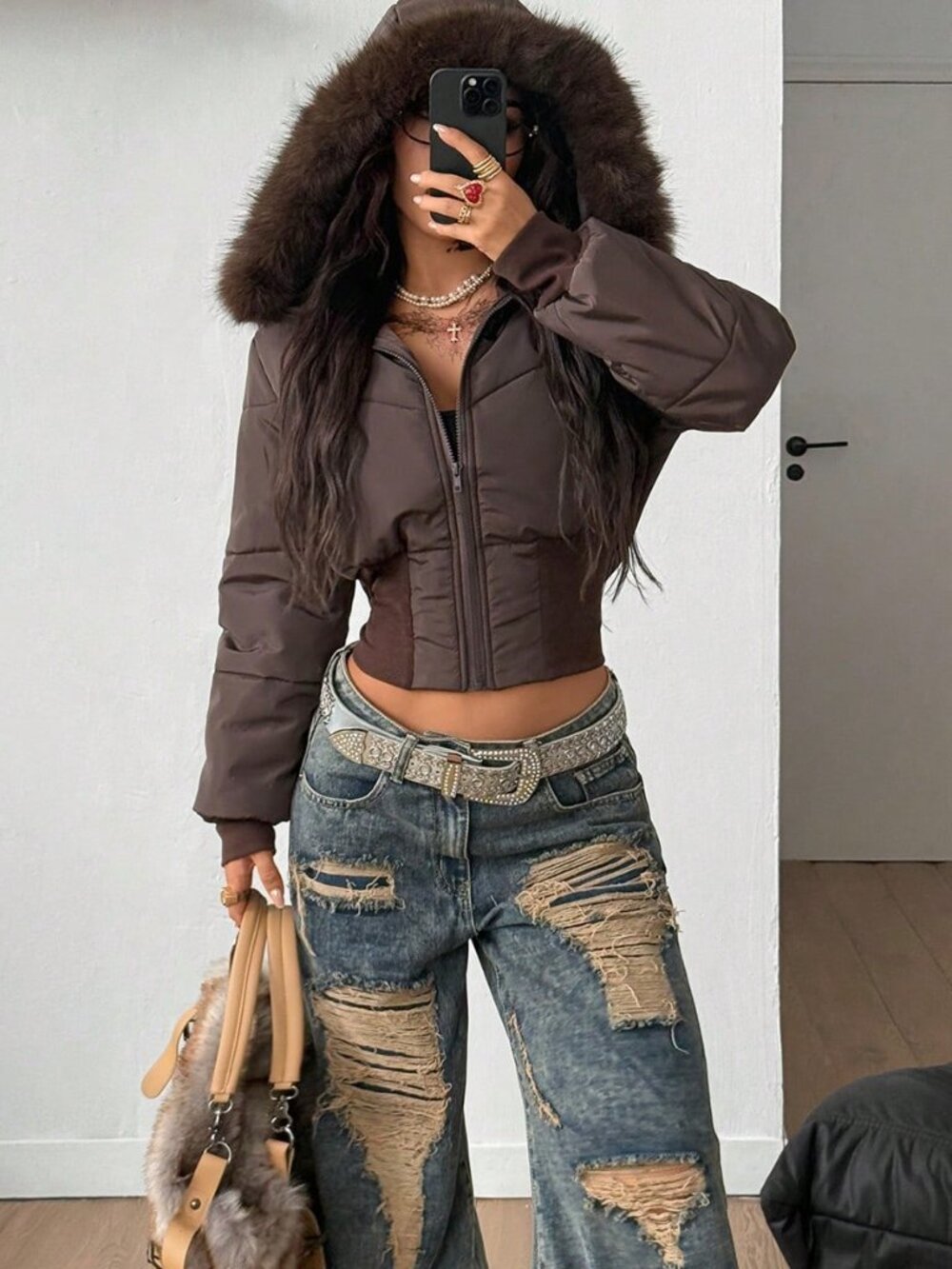 Brown Casual Women's Thermal Quilted Coat with Flannelette Hat